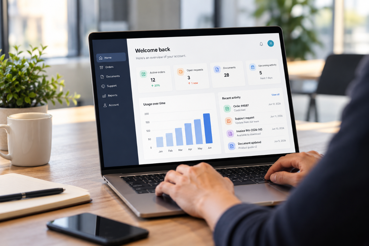 Business customer portal dashboard showing account information, reports and self-service options