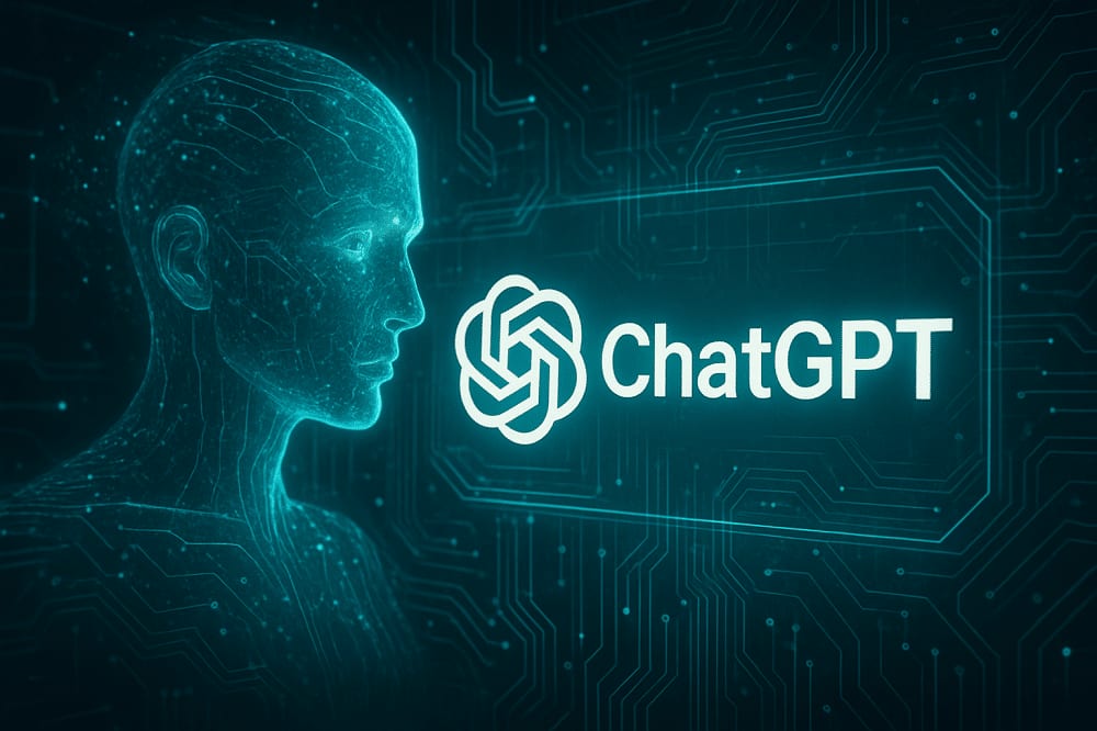El logotip i la marca de ChatGPT il·luminats al costat d’un cap humà de perfil fet amb línies, sobre un fons de circuit imprès