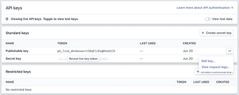 Pàgina de claus API de Stripe amb les claus publicable i secreta