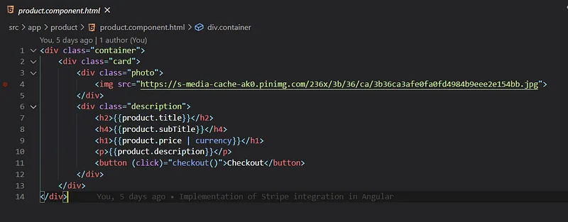 Angular product component template with a checkout button