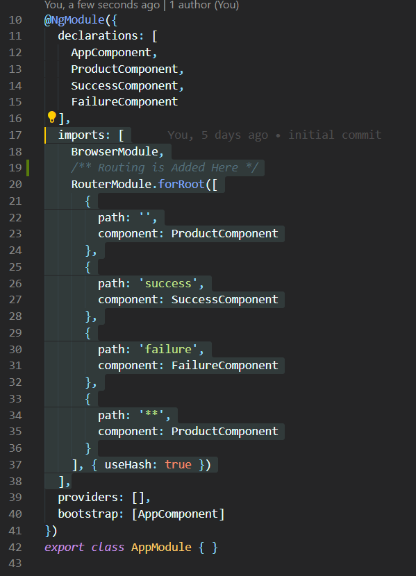Angular routes for product, success, and failure components