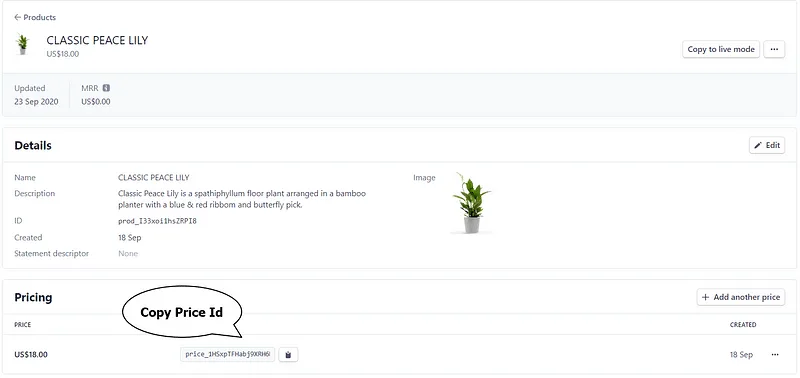 Stripe product page showing where to copy the price ID