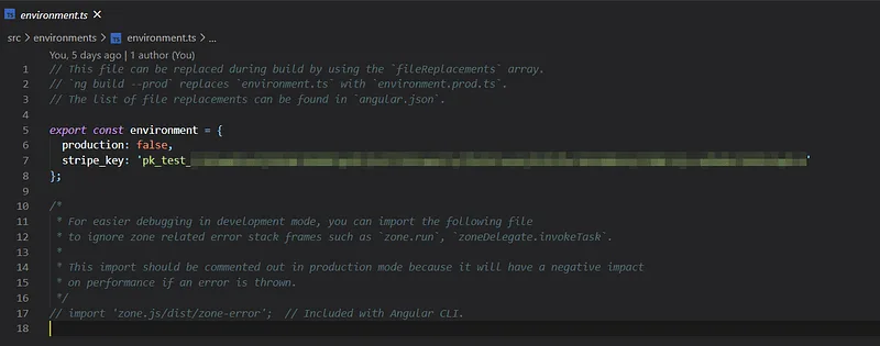 Angular environment file containing a Stripe publishable key