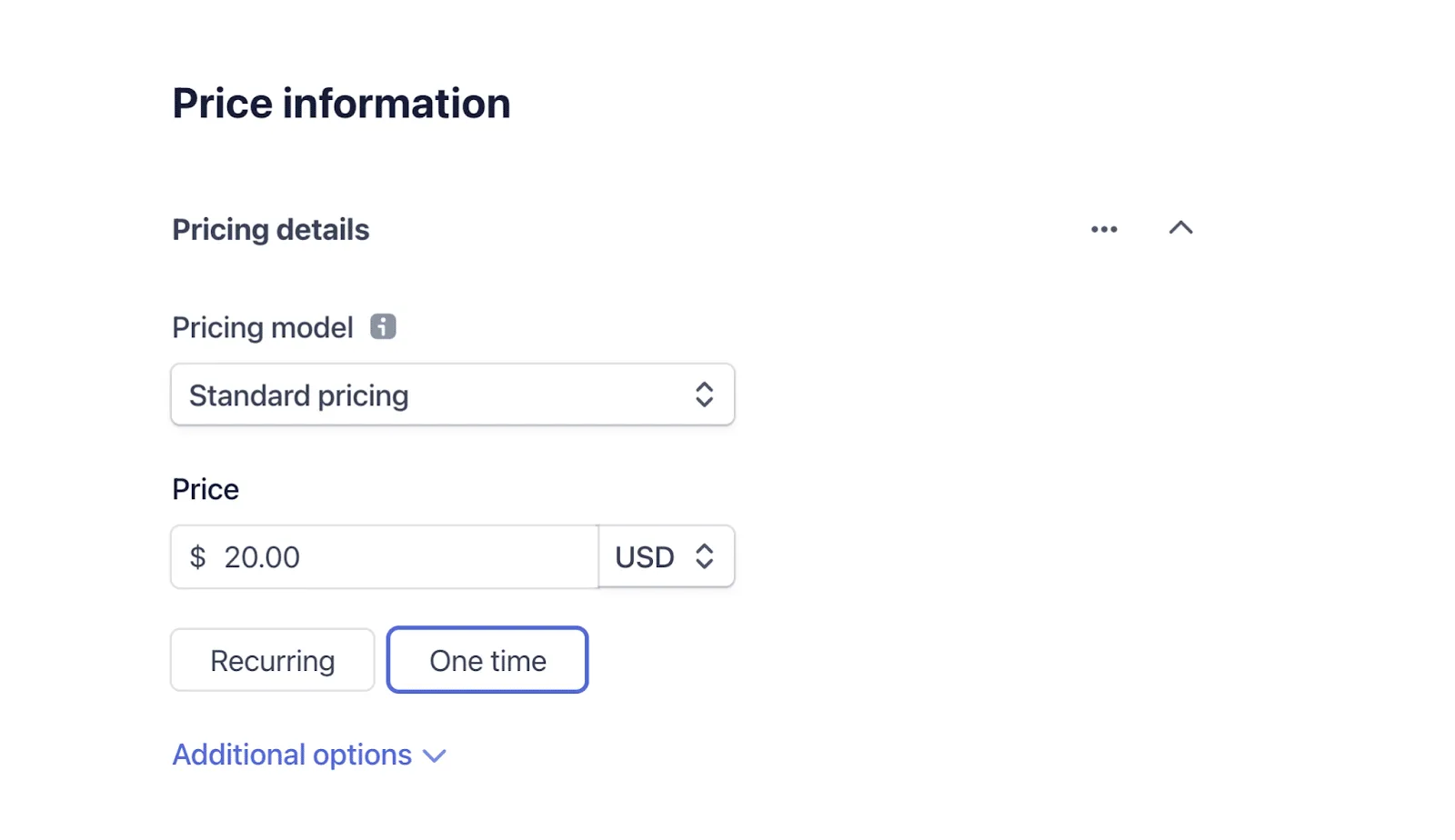 Formulario de precio de Stripe configurado como pago único de 20 dólares