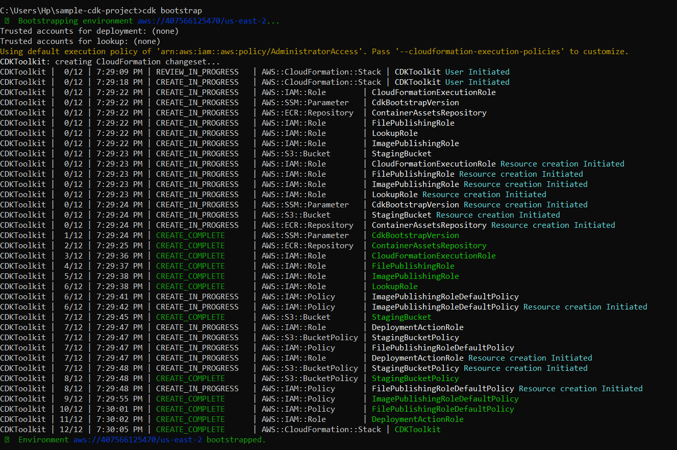 Salida del terminal al preparar un entorno de AWS CDK