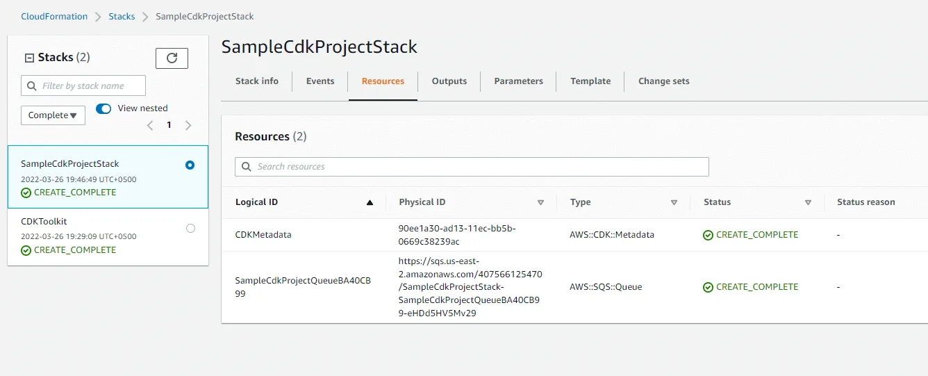 Consola de Amazon CloudFormation con la pila CDK de ejemplo y sus recursos