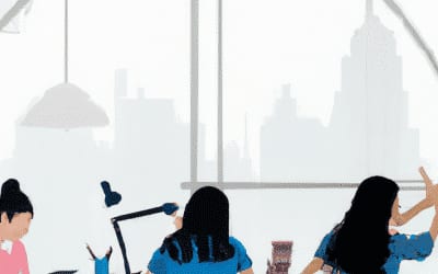 Illustration of women working at desks in an office, with a city skyline through the window behind them