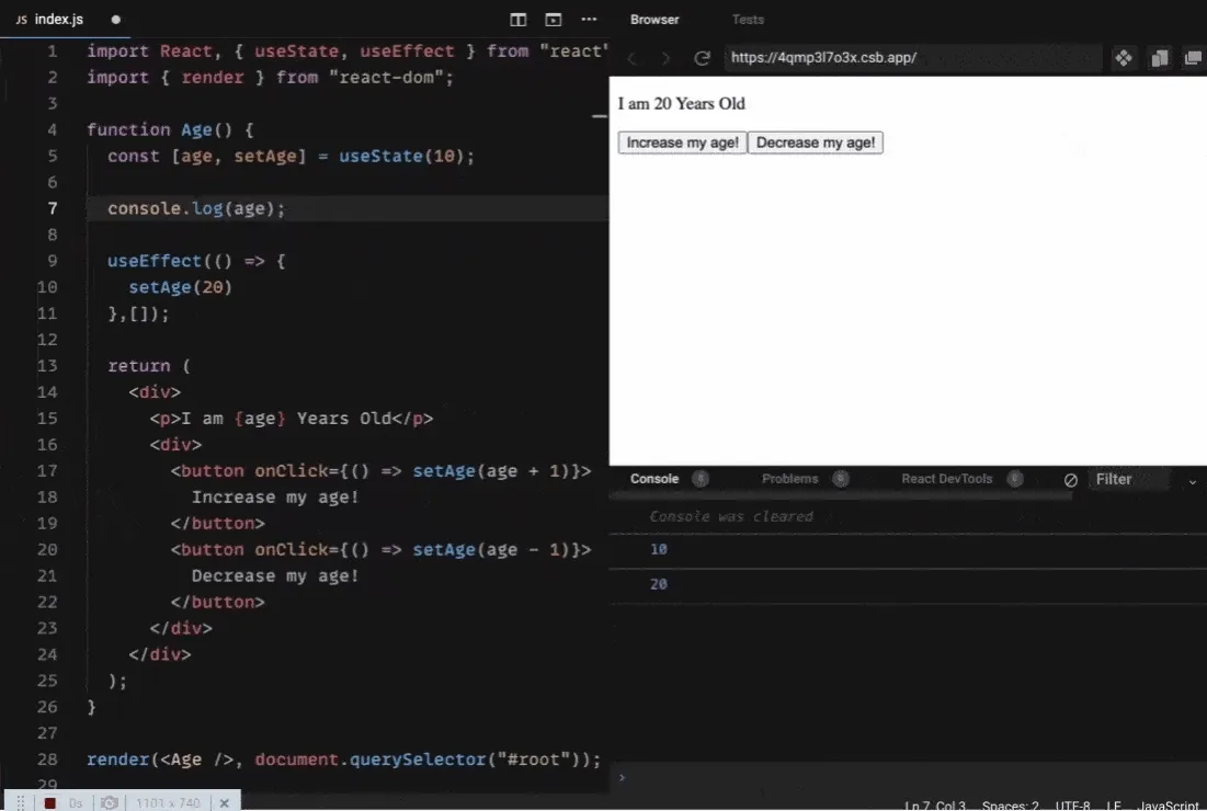 Ejemplo de React useEffect que actualiza el estado de edad a 20