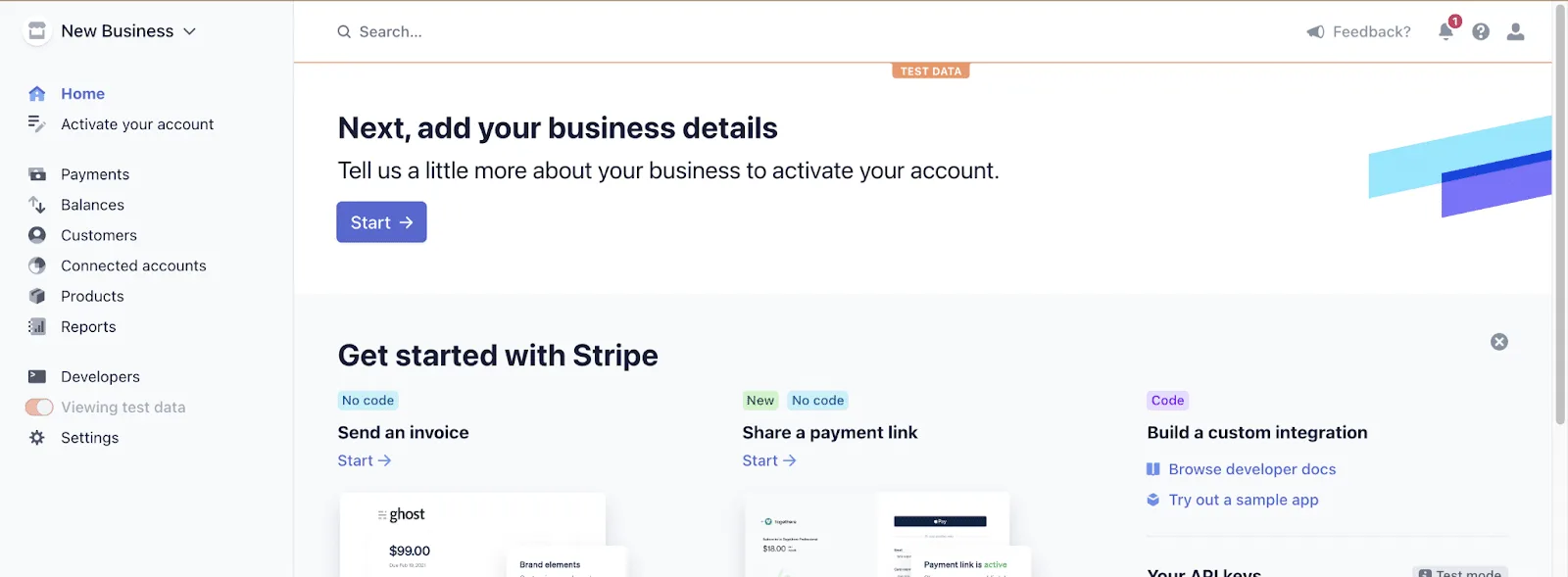 Página de inicio del panel de Stripe en modo de prueba