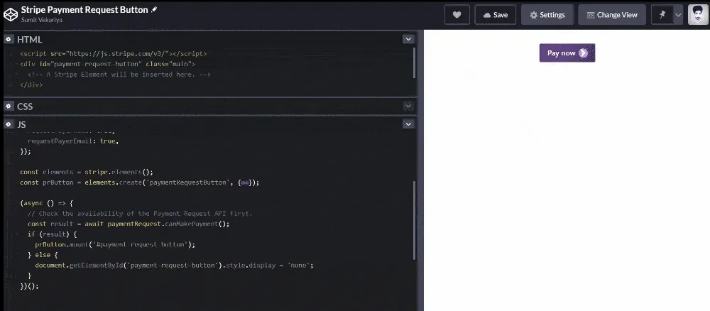 CodePen preview of the default Stripe payment request button