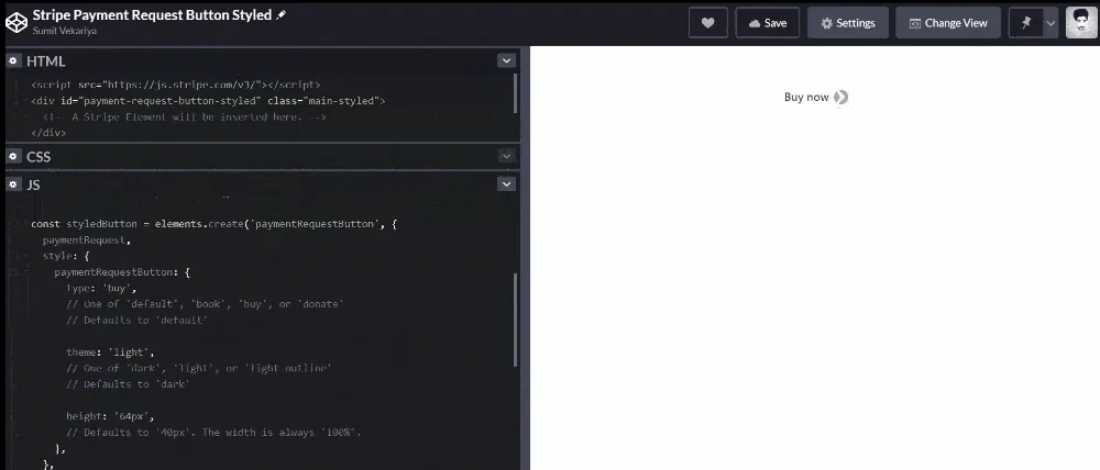 CodePen preview of a custom-styled Stripe payment request button