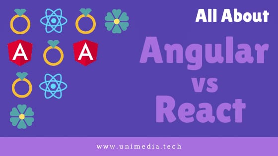 Rótulo con el texto «All About Angular vs React» junto a una cuadrícula de logotipos de Angular y de React