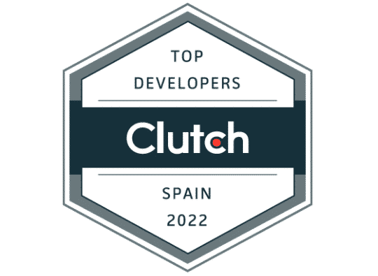 Distintivo de Clutch con el texto «Top Developers, Spain 2022»