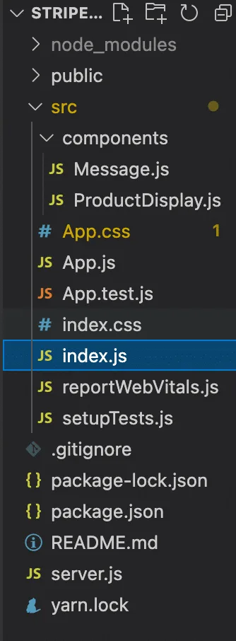 Estructura de archivos del proyecto de ejemplo de React y Stripe en Visual Studio Code