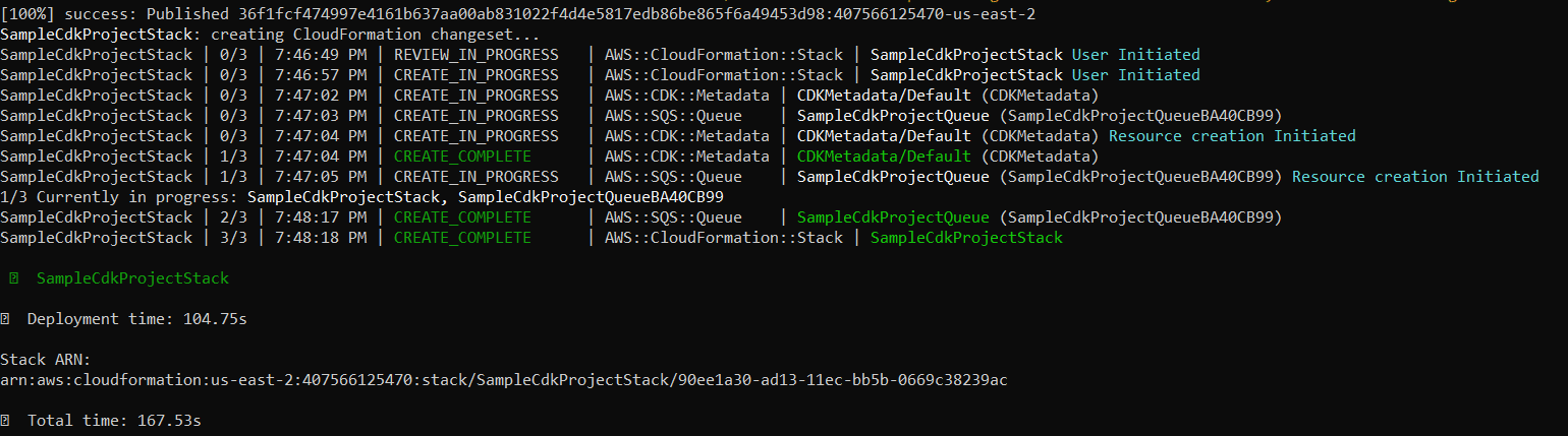 Terminal que muestra el despliegue correcto de la pila de ejemplo de AWS CDK