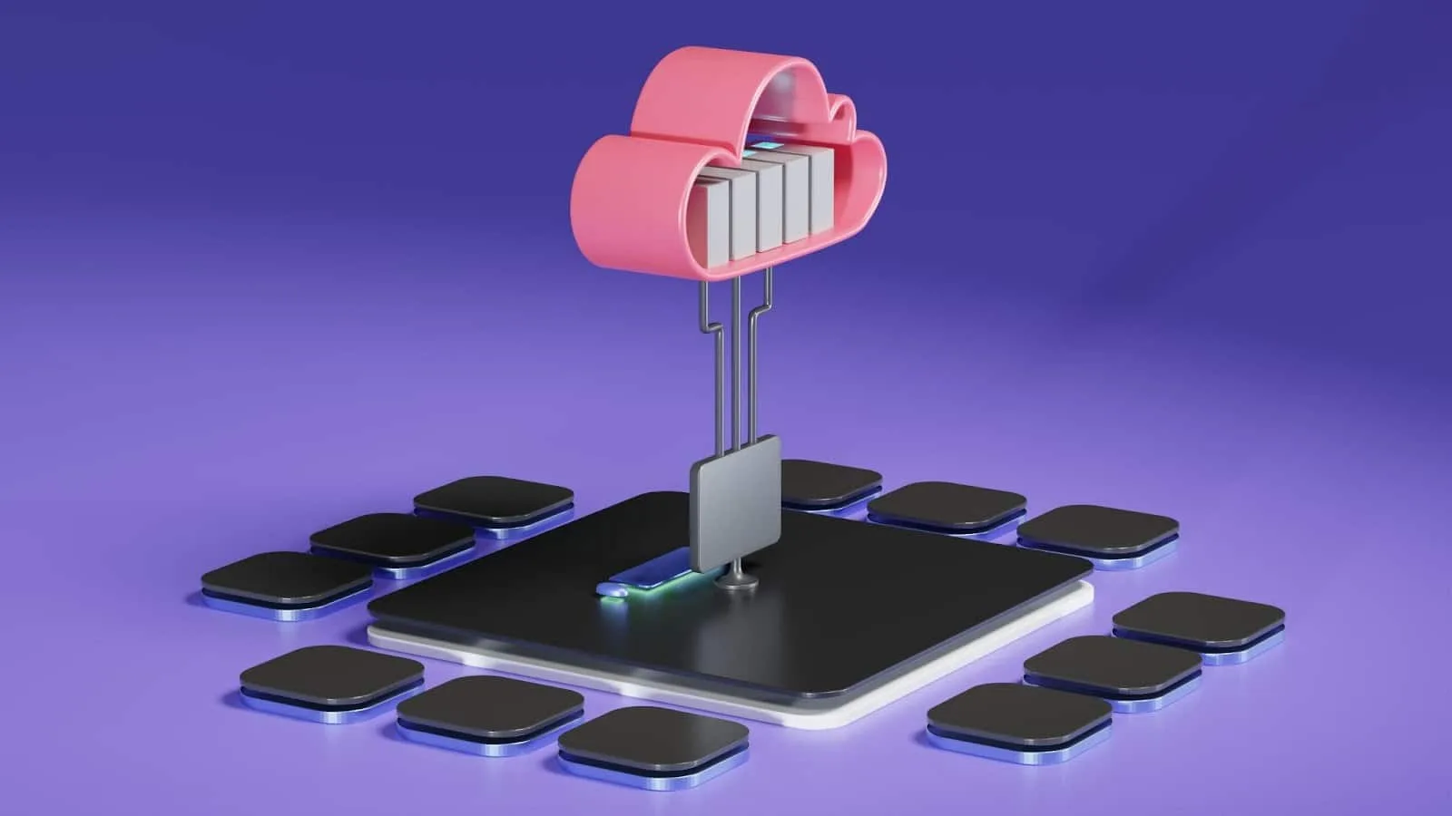 Infraestructura en la nube conectada a una red de nodos informáticos