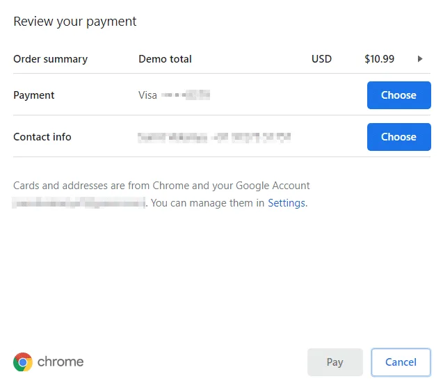 Chrome payment review dialog for a 10.99 US dollar order