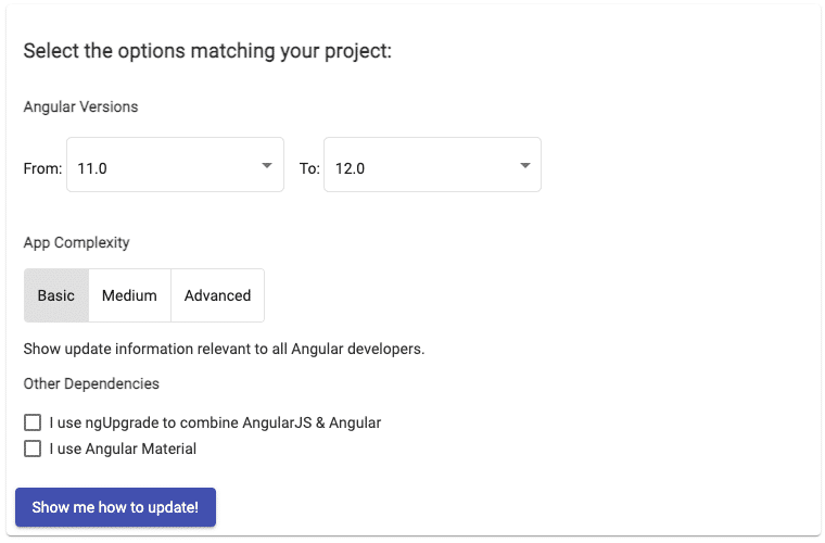 Angular Update Guide configured to migrate from Angular 11 to 12