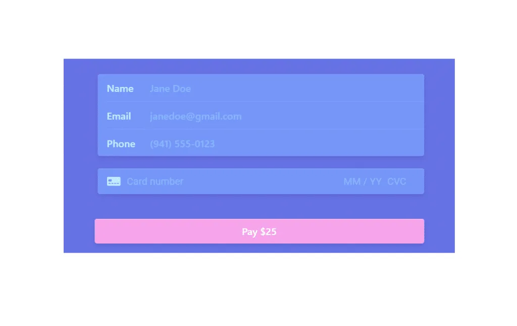 Formulari de pagament de Stripe amb camps de contacte i targeta i un botó Pagar 25 $