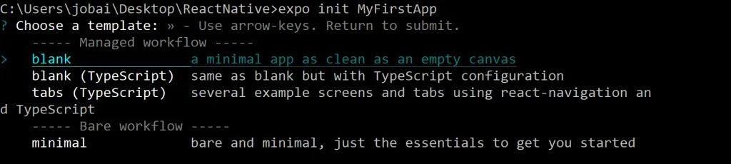 Expo CLI prompt for selecting a React Native project template