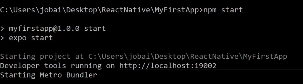 Terminal starting the React Native project with Expo