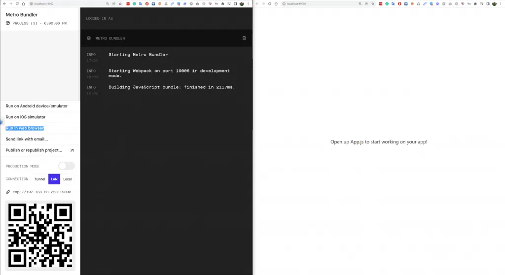 Expo developer tools and the starter app running in a browser