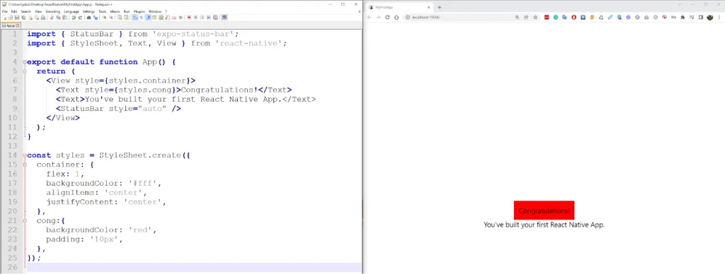 React Native App.js code beside its browser output
