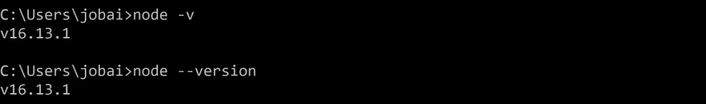 Terminal commands showing Node.js version 16.13.1