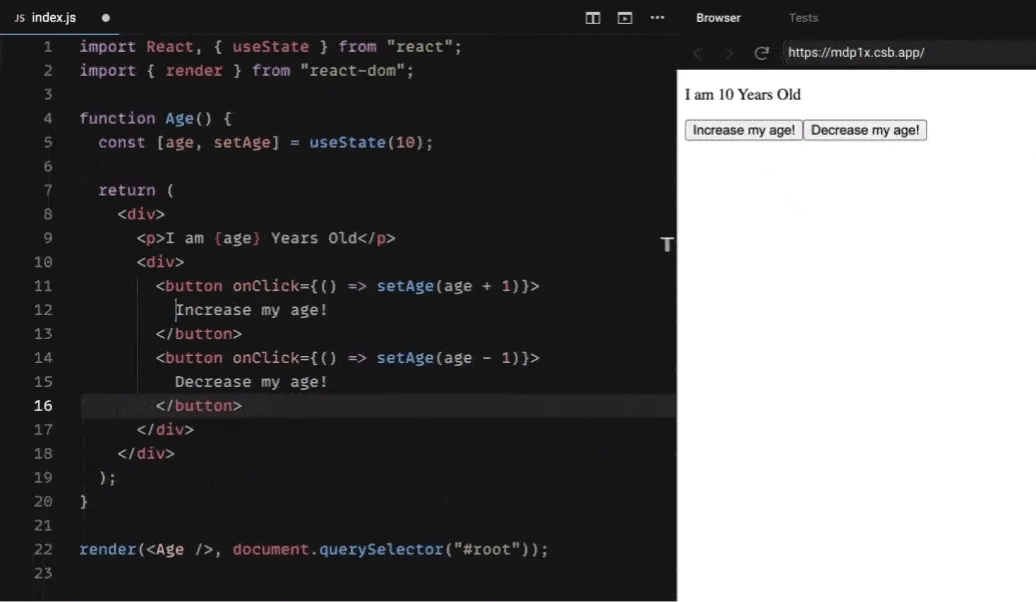Ejemplo de React useState con controles de edad y su resultado en el navegador