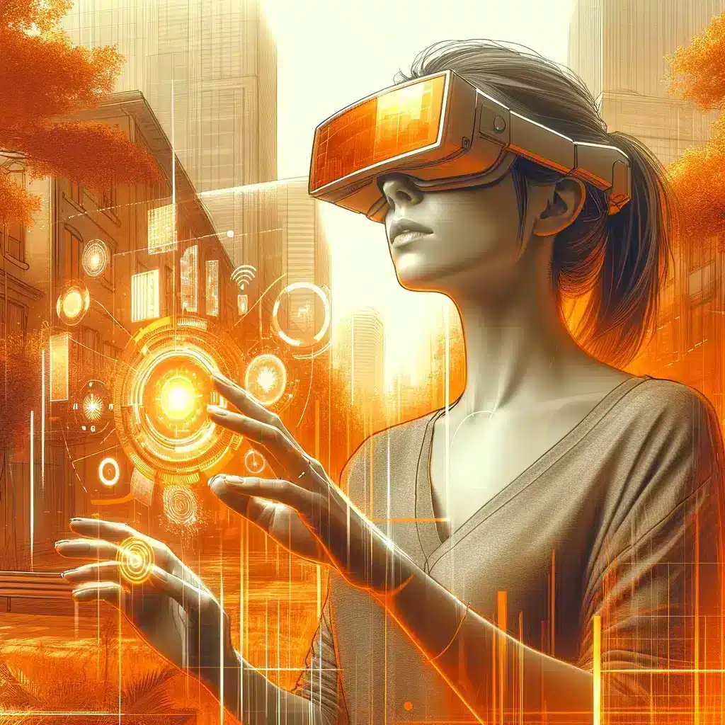 Ilustración de una mujer con gafas de realidad aumentada que extiende la mano para tocar controles iluminados que flotan en una calle