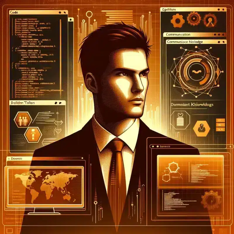 Illustration of a developer in a suit surrounded by floating panels showing code, a world map and team icons