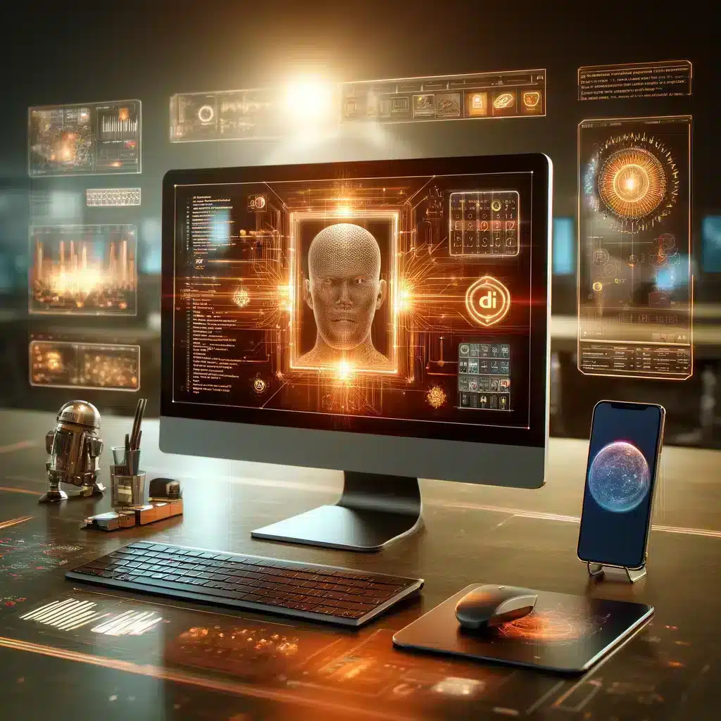 Un escritorio con un monitor que muestra un rostro humano trazado con líneas, un teléfono en un soporte y la figura de un pequeño robot
