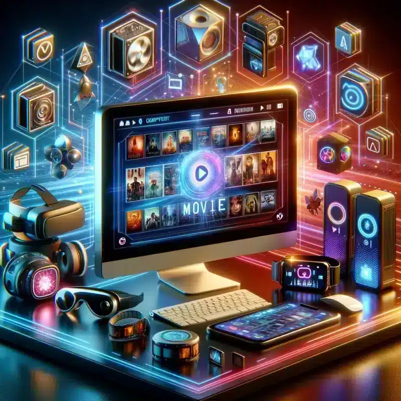 Illustration of a desktop computer showing a film-streaming grid, surrounded by a VR headset, headphones, speakers, a smartwatch and a phone