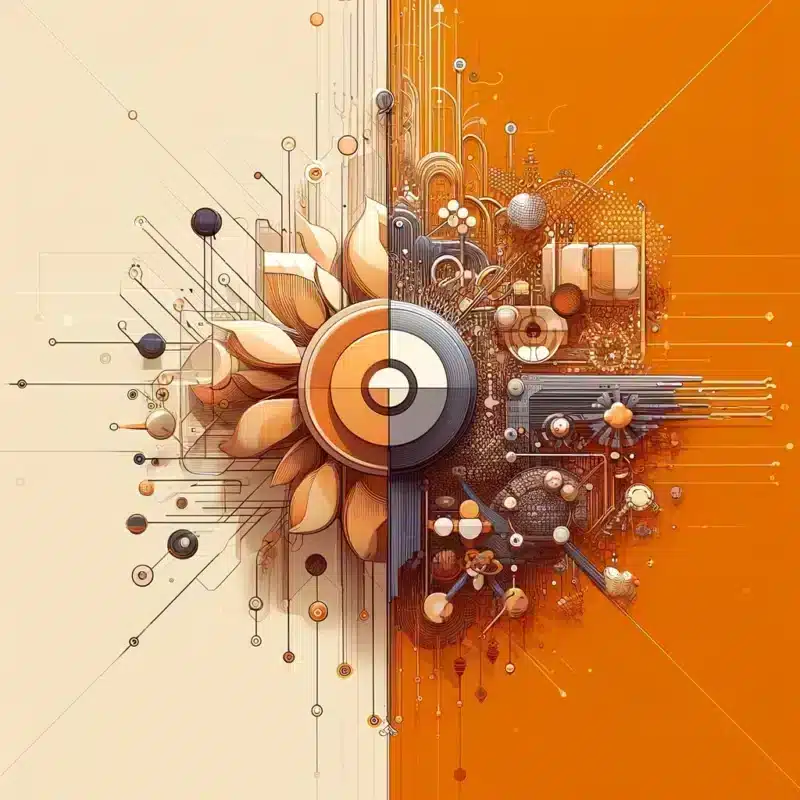 Ilustración abstracta dividida en dos mitades, una crema y serena y otra naranja y recargada, que se encuentran en un dial central