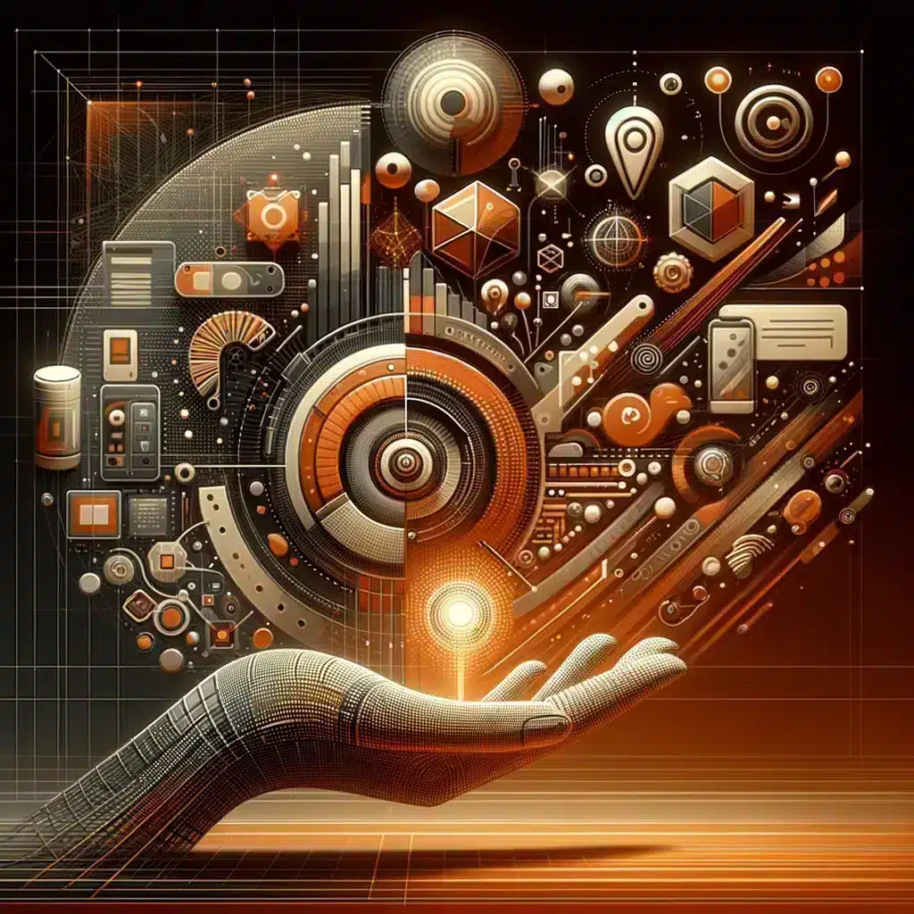 Illustration of an open hand holding a burst of interface elements: dials, screens, charts and geometric shapes