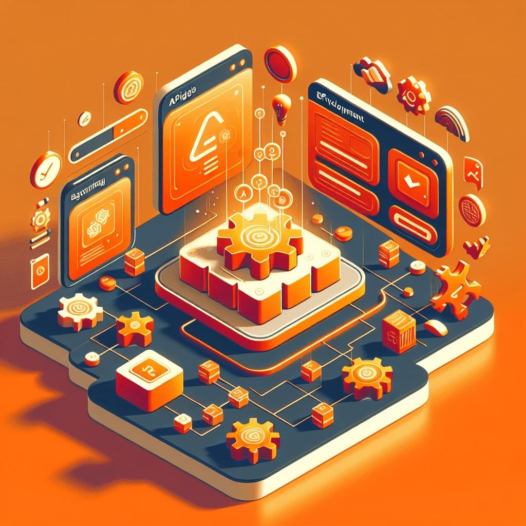 Ilustración isométrica de engranajes encajados sobre una plataforma, conectados a paneles que representan endpoints de API y herramientas
