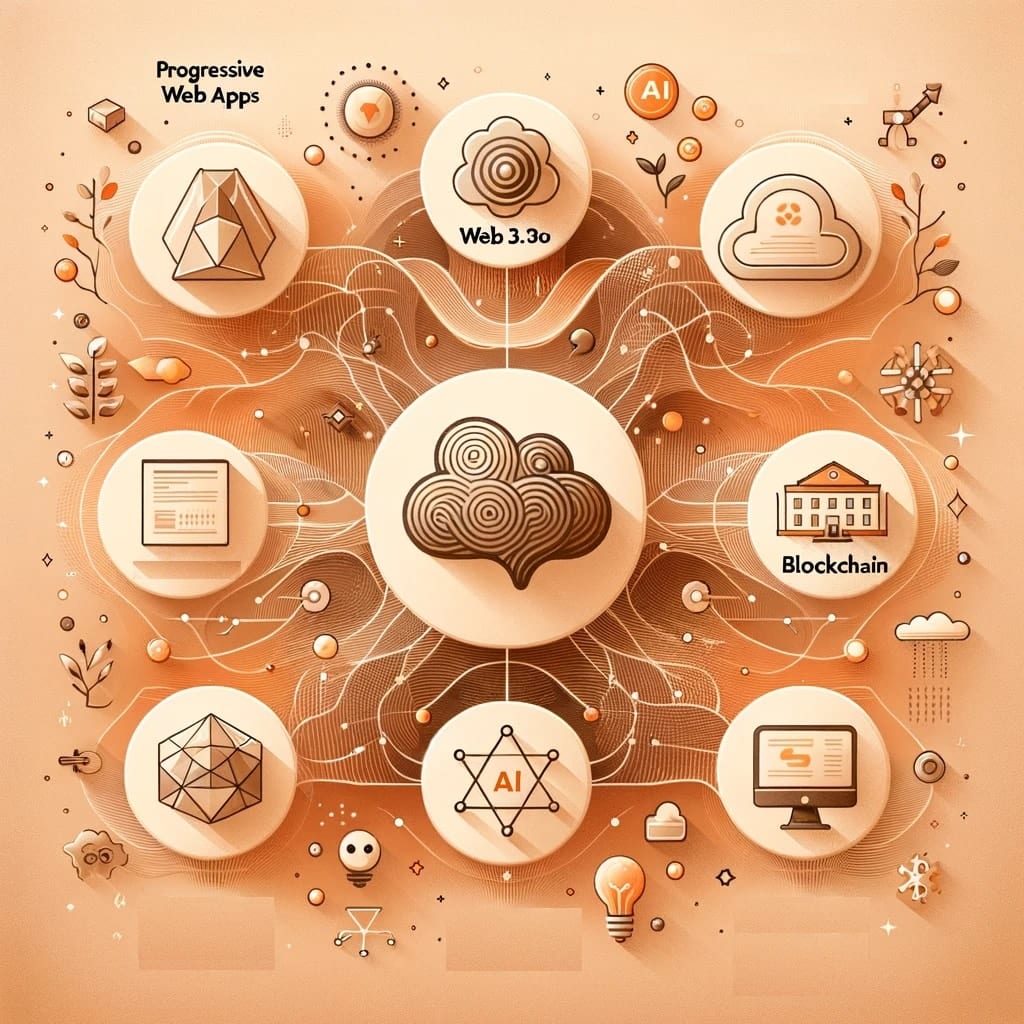 Illustration of linked circular icons labelled progressive web apps, Web 3.0, AI and blockchain around a central cloud