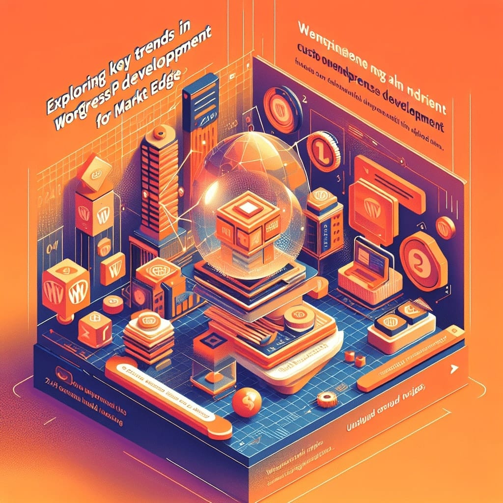 Ilustración isométrica de bloques y paneles con la marca de WordPress alrededor de una esfera de cristal luminosa
