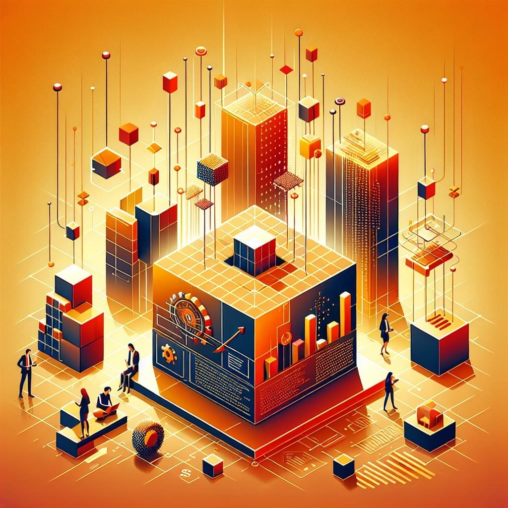 Ilustración isométrica de un gran cubo de datos cubierto de gráficos y de código, con oficinistas y bloques más pequeños a su alrededor