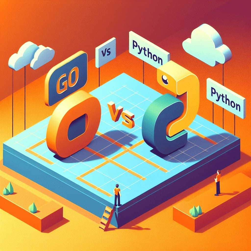 Isometric illustration of the Go gopher-blue letter O facing the Python logo across a grid platform, under signs reading Go and Python