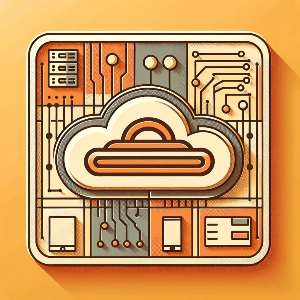 Flat illustration of a cloud at the centre of a circuit board, wired to servers, phones and a browser window