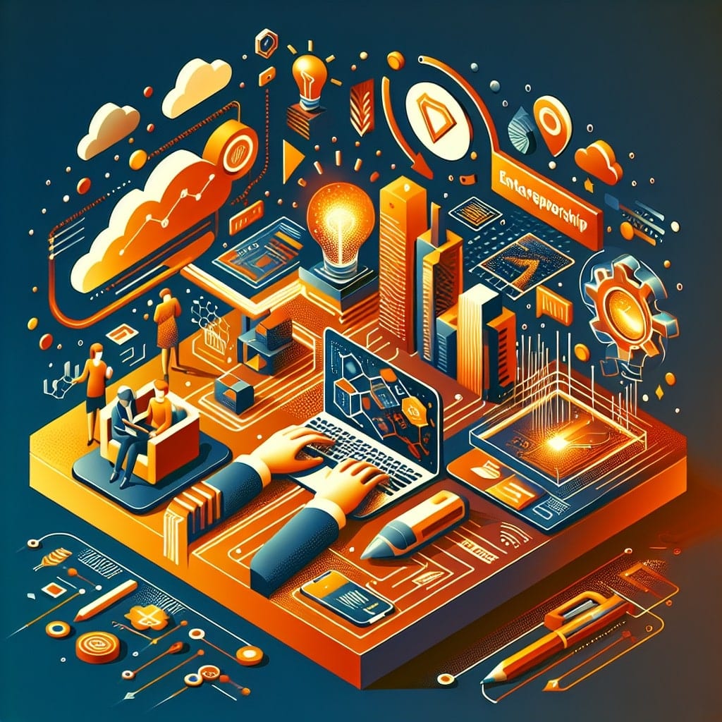 Isometric illustration of a consulting workspace: hands typing on a laptop surrounded by charts, cloud icons, office towers and a lightbulb