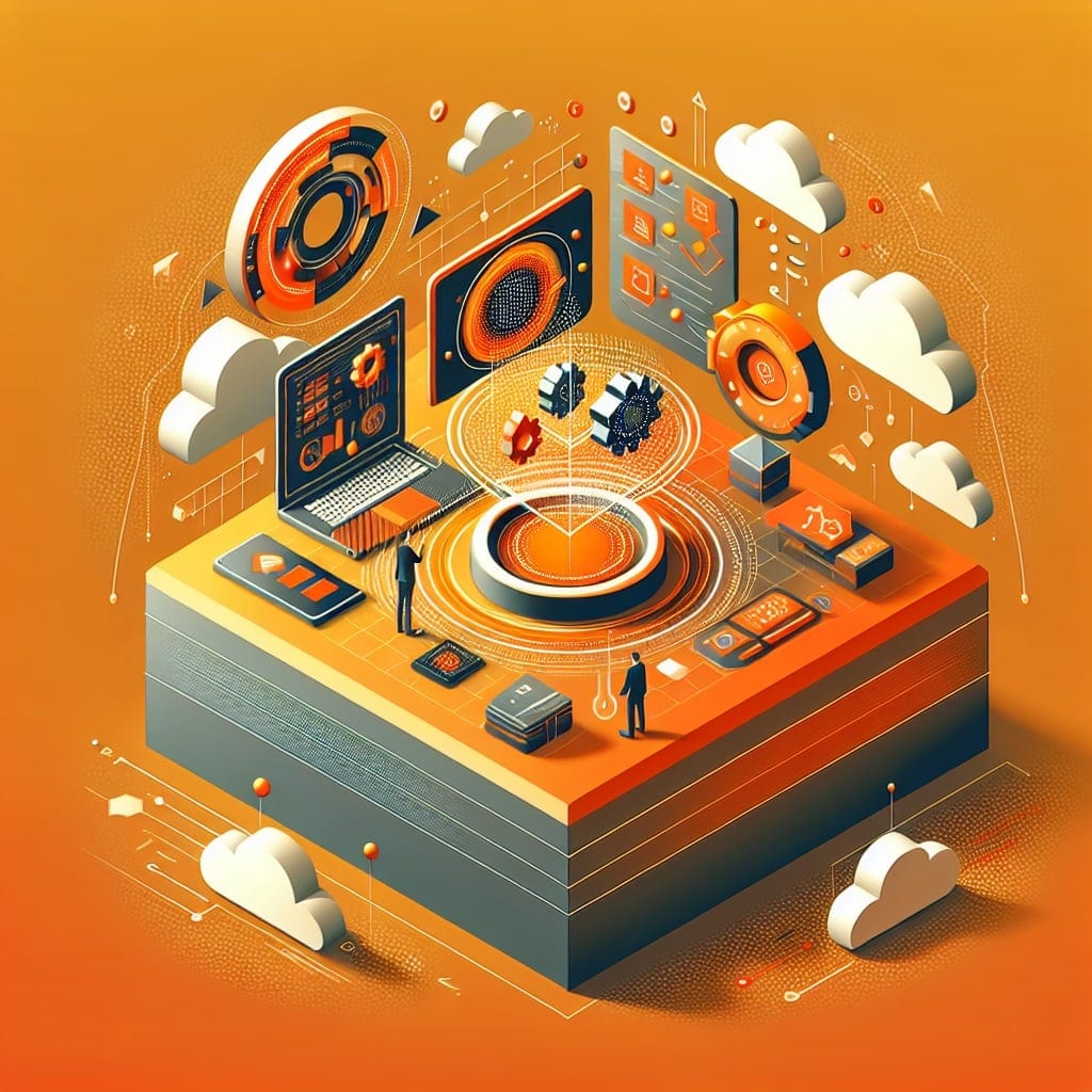 Isometric illustration of two figures at a glowing circular dashboard on a platform, with laptops, gears and clouds around them