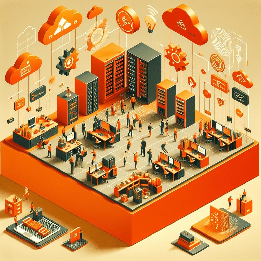 Isometric illustration of an IT floor with staff at desks beside server racks, with clouds and gears above