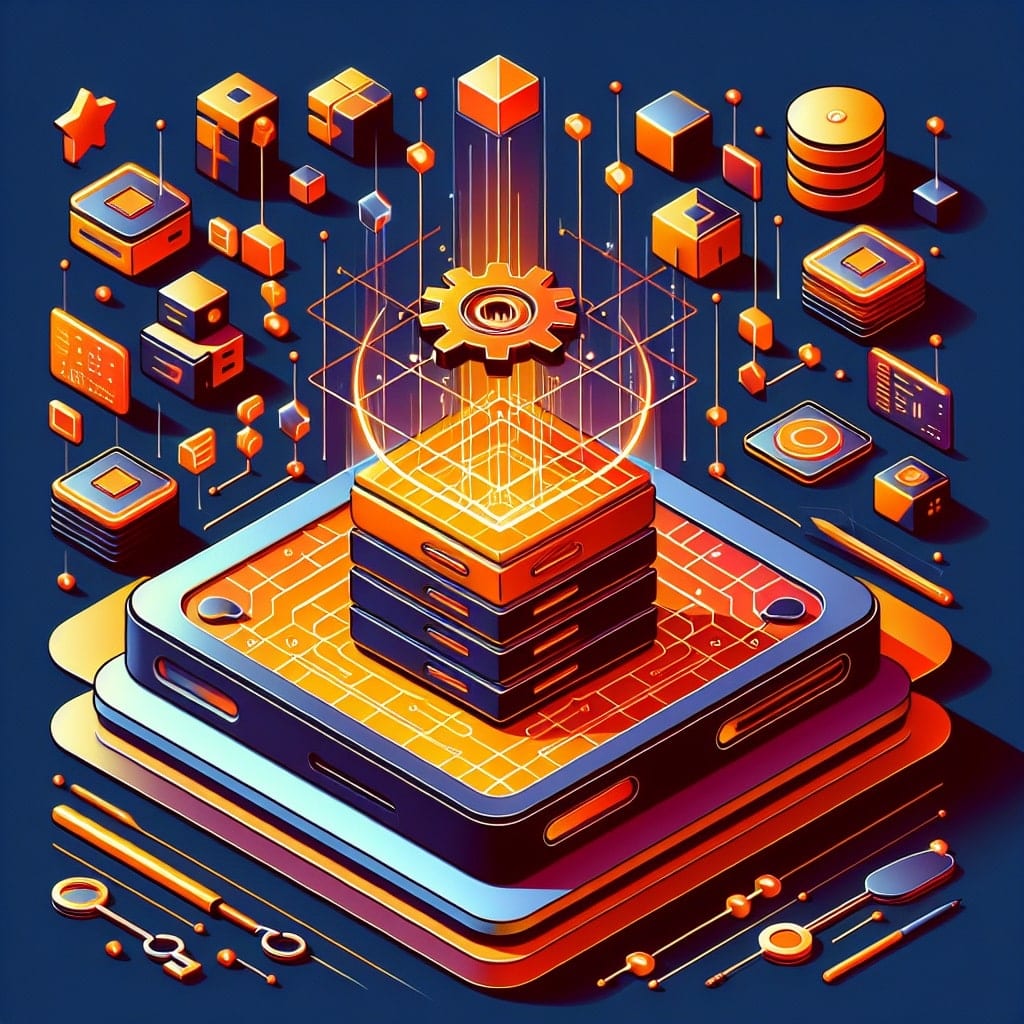 Ilustración isométrica de una pila luminosa de capas de base de datos sobre una tableta, rodeada de bloques de datos flotantes