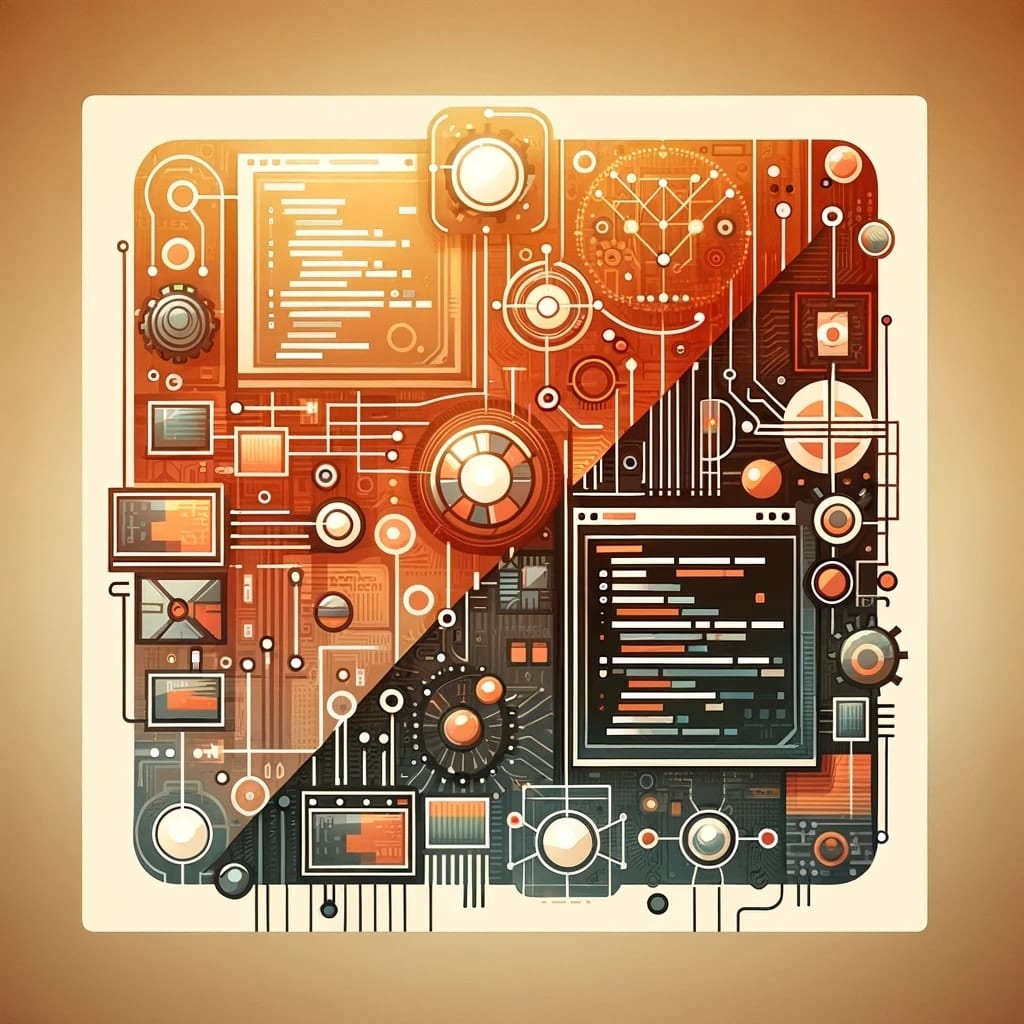 Abstract collage split on the diagonal, light orange circuitry on one side and dark blue on the other, each with a code window