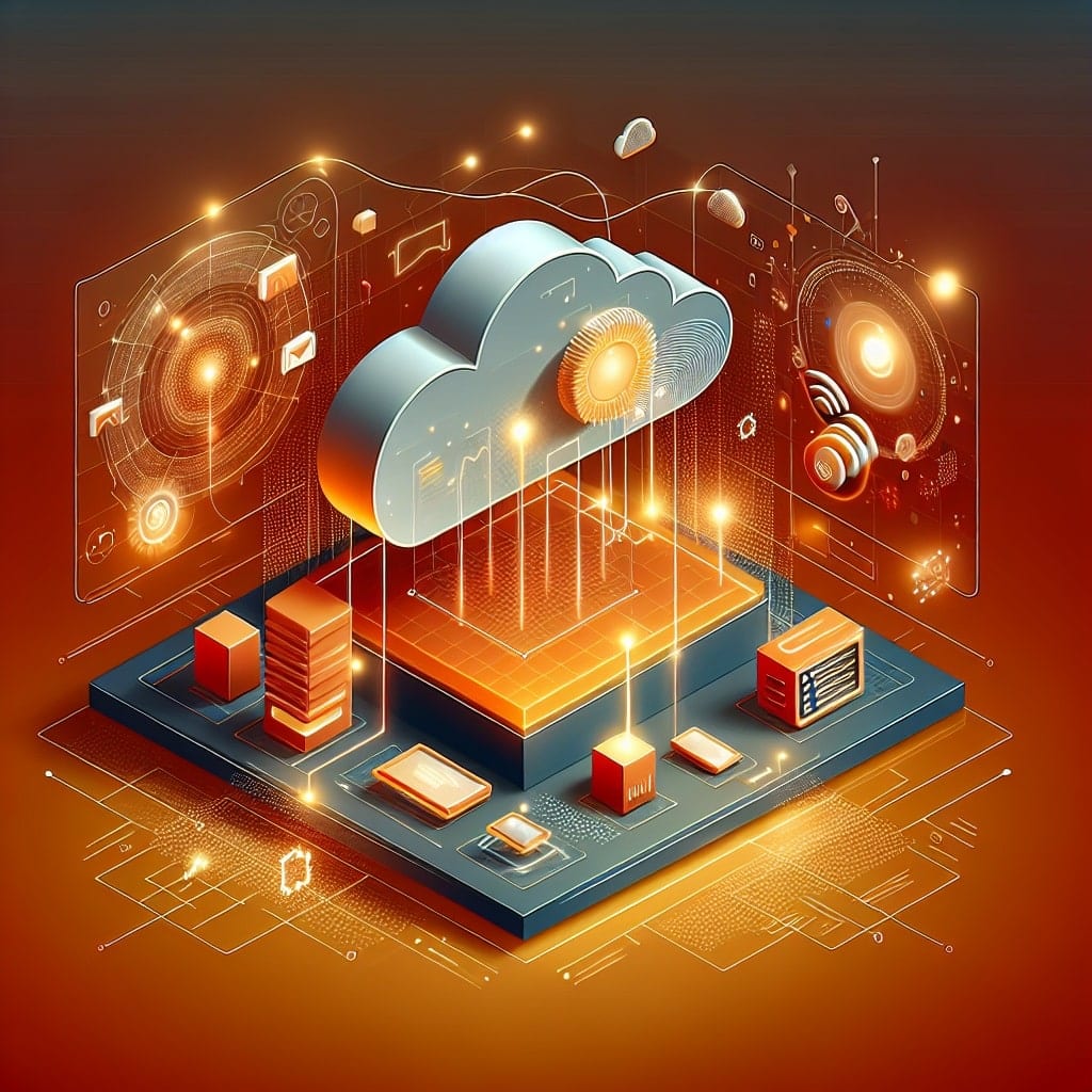 Ilustración isométrica de una nube sobre una plataforma de pilas de servidores, entre dos paneles de cuadros de mando luminosos