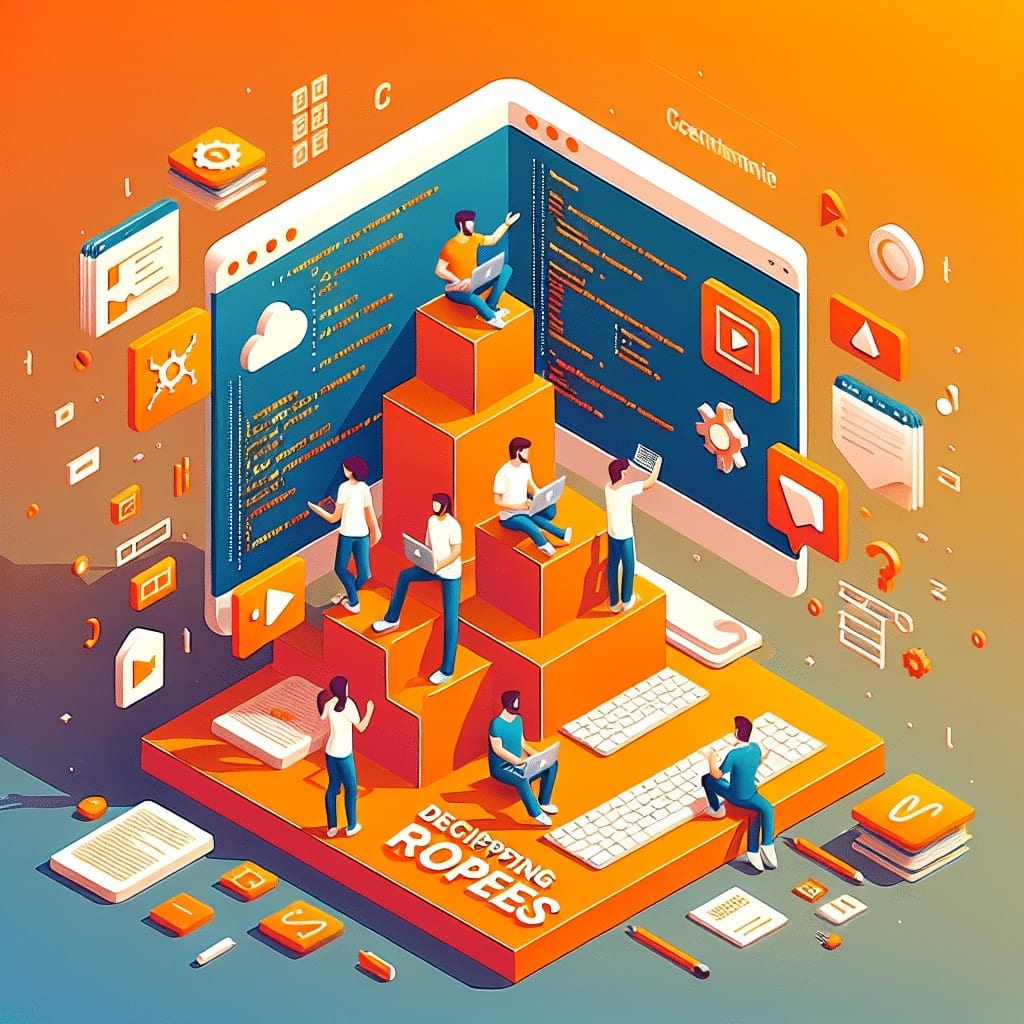 Isometric illustration of people with laptops climbing a staircase of blocks towards a large screen of code