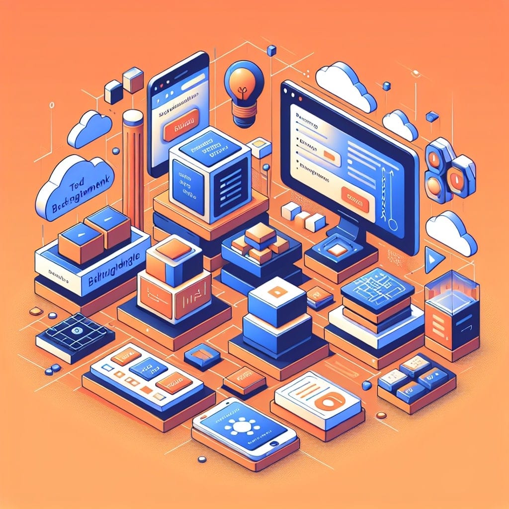 Isometric arrangement of stacked framework blocks, a monitor, a phone and cloud icons on an orange background