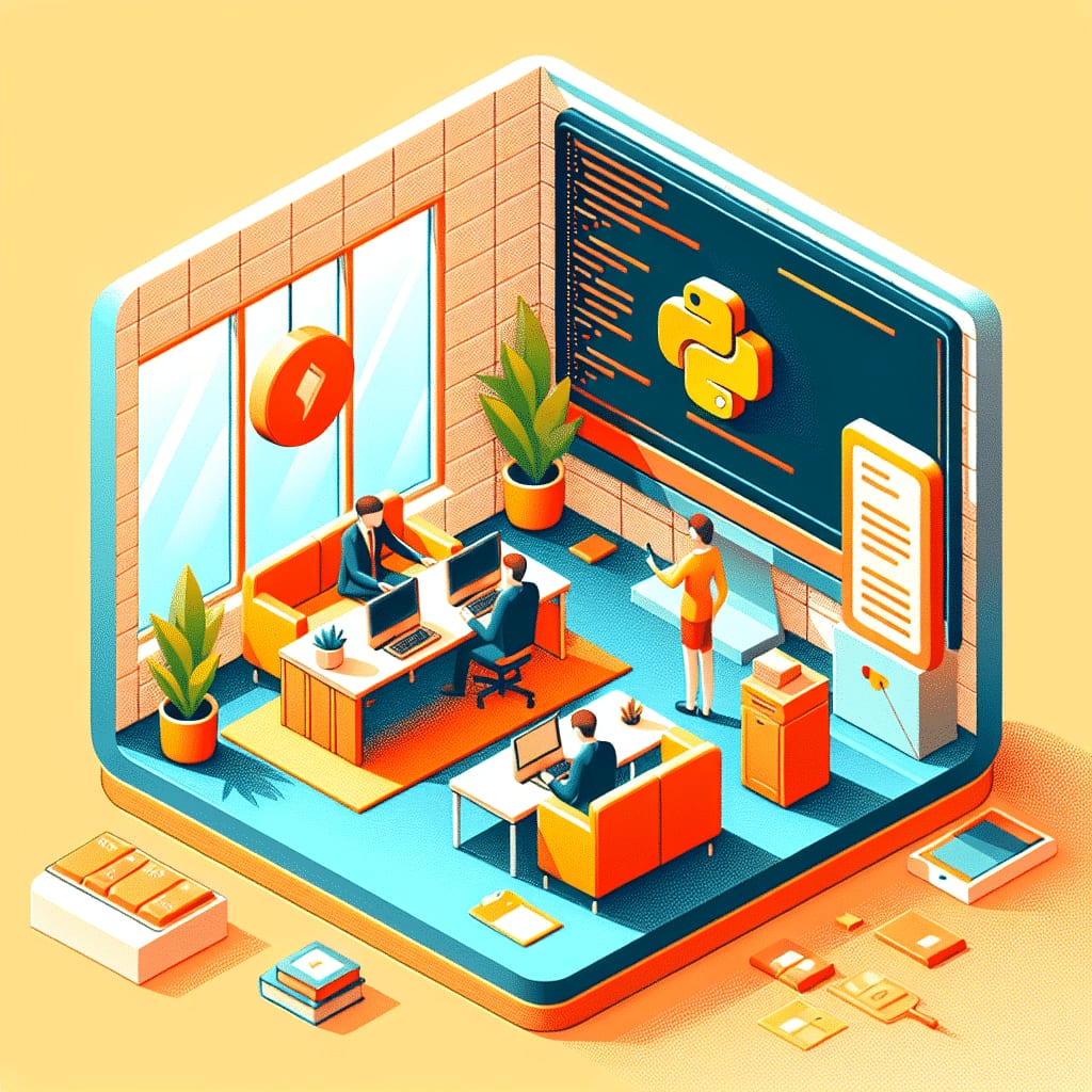 Isometric cutaway of an office where developers work at desks in front of a wall screen showing the Python logo